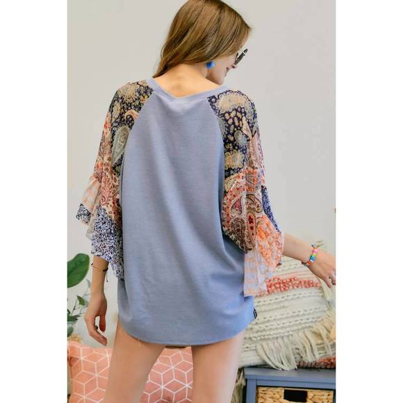 NEW ADORA color block wide ruffle bell sleeve top in denim - Picture 2 of 2